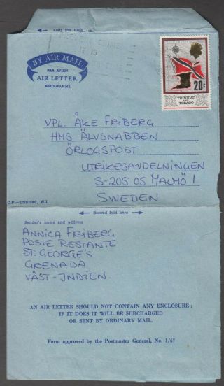 Trinidad And Tobago 1975 Genuinely Air Letter Aerogramme Sent To Sweden.