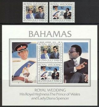 Bahamas 1981 Charles & Princess Diana Wedding Set & M/sheet Uhm (id:737/d23320)