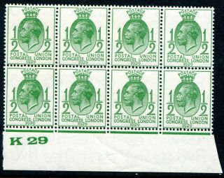 (323) Very Good Sg434 Gv 1/2d Green 1929 U.  P.  U.  Control Block Unmounted.  Mnh