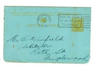 Zealand Letter Card Kgv 2d Yellow Wellington To Inglewood 1931