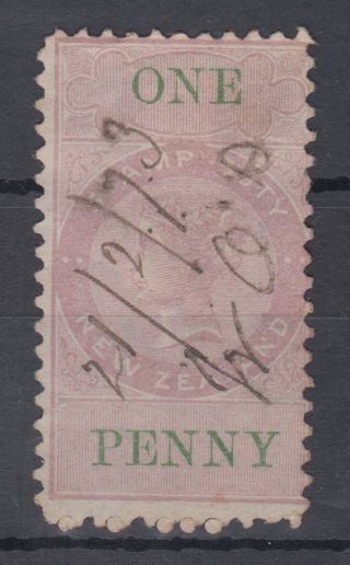 Zealand Stamp Duty 1d; Green One Penny O/p; Fiscal; Fair Used;see Both Scans