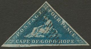 Cape Of Good Hope 1853 Qv Triangle 4d Deep Blue On Blued Paper Sg4? Scraped