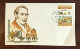 Fdc From St Lucia,  14 Oct 83.  George Stephenson And Rocket.  Leaders Of The World
