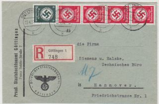 Germany Dr 1937 (15.  4. ) Reg.  Party Off.  Cov.  Franking GÖttingen To Hannover (siemens)