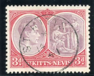 St Kitts - Nevis 1940 Kgvi 3d Brown - Purple & Carmine - Red (p13x12 - Ch) Vfu.  Sg 73a