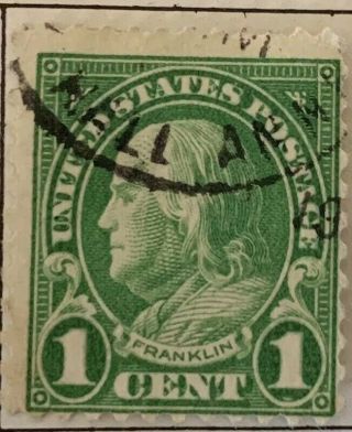 1 Cent Lime Green Benjamin Franklin Stamp,  Canceled,