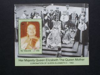 St Vincent Stamp Mini Sheet Coronation Of The Queen 1953.  Queen Mothers 90th.