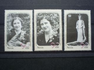 Nevis Stamp.  Set Of 3 Cream Frame Queen Mothers 90th Birthday.