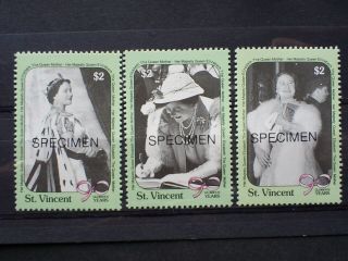 St Vincent Stamp.  Set Of 3 Specimen Over Print Queen Mothers 90th Birthday.