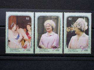 Grenadines Of St Vincent Stamp.  Pale Green Set Of 3 Queen Mothers 90th Birthday.