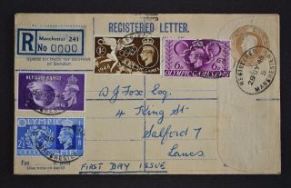 Kgvi,  1948,  Olympic Games Fdc,  On Registered Letter,  Manchester Postmark.