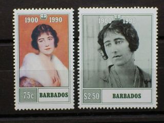 Barbados Stamp Set Of 2.  The Queen Mother 90th Birthday 1900 - 1990.  Un Mounted