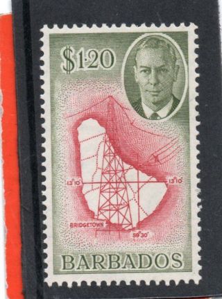 Barbados Gv1 1950 $1.  20,  Carmine & Olive - Green,  Sg 281 H.