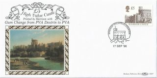 (30739) Gb Benham Fdc D287 £5 Castle Definitive Harrison Pva Gum Windsor 1996