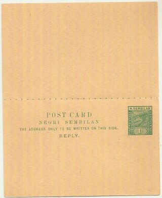 1897 Malaya Negri Sembilan Qv 1c,  1c Postal Stationery Reply Card Tiger H&g2