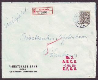 E1738/ Denmark Hirtshals Bank Reg Cover 1944 W/single 50öre