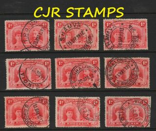 Rhodesia 1910 Double Head 1d Group Of 9 Stamps - Cancel Interest - Fine