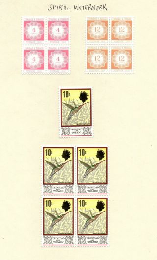 Trinidad & Tobago Blocks Of 4 Postage Dues & Postage Stamps With Spiral Wmks M/m
