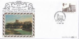 (22951) Gb Benham Fdc D287 £5 Castle Definitive Harrison Pva Gum Windsor 1996