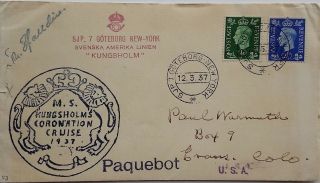 1937 Sweden Paquebot M.  S.  Kungsholm Coronation Cruise Cover,  British Stamps
