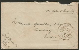 Indian Army Fpo No 97 July 1944 Unstamped Cover Battle Of Imphal To Bombay