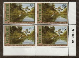 Vt5 - Vermont State Duck Stamp.  Plate Block Of 4.  Mnh.  Og.  02 Vt5pb4br