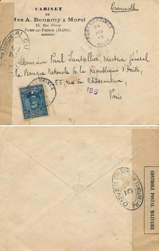 Haiti,  French Rule 1918,  Scarce Censored Cover,  Port Au Prince To Paris B711