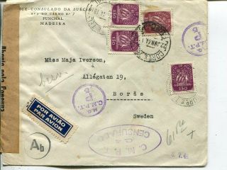 Portugal Double Censor Air Mail Cover From Madeira To Sweden 1944