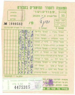 Judaica Israel Old Tax Label On Sportoto Form 1969/70 2