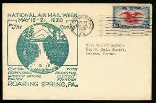 Us Postal History Airmail National Airmail Week Roaring Spring Pa 1938 Fountain