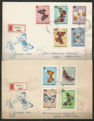 Hyngary 1966 2 Fdc Butterflies And Moths Posted To Greece