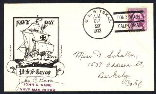 Battleship Uss Texas Bb - 35 Navy Day 1932 Long Beach Ca Naval Cover W/letter 9841