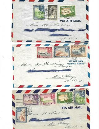 Curacao 3 Air Mail Envelops With Stamps 1946