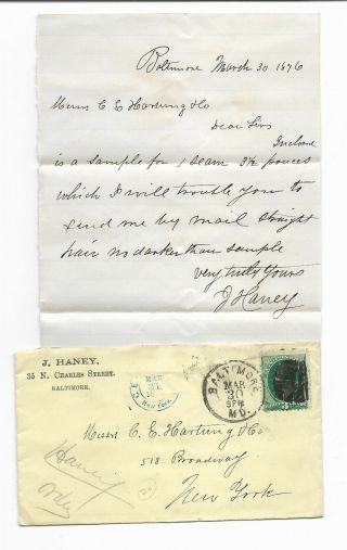1876 Cover And Letter To C.  E.  Hartung & Co.  Ny From Baltimore Md Fancy Cancel