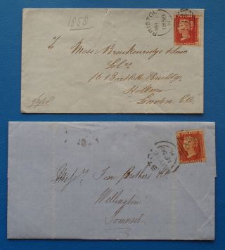 2 Qv 1d Red Covers With Two Varieties Of Bristol Sideways Duplex Postmark