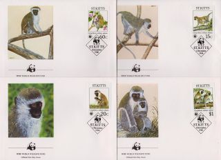 St Kitts 1986 World Wildlife Fund - Green Monkeys - 4 First Day Covers - (136)