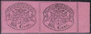Italian Roman States 1867 / 80c Pair With Margin With Gum / Signed T20458