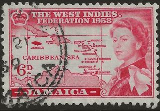 Jamaica 1958 West Indies Federation Queen Elizabeth Ii & Map Of Caribbean Sc 177