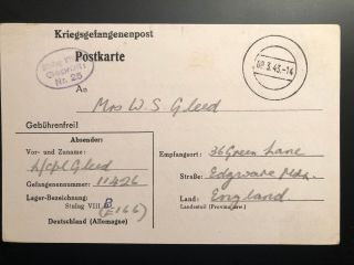 Germany 1943 Pow Mail Stalag Viii B British Prisoner Lamsdorf To Edgware England