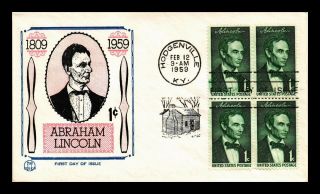 Us Cover Abraham Lincoln Block Of 4 Fdc Tri Color Cachet Hodgenville Kentucky