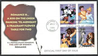 Usa,  2006 The Art Of Disney Romance,  Fdc (block Of 4) 1995
