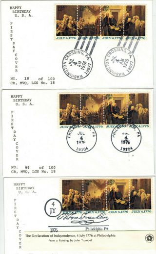 July 4 1976 Bicentennial Set Of 6 Len Sautter Fdcs Washington 
