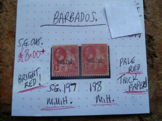 Barbados Kgv 1d War,  Bright Red Stamp Sg197 - 198 Muh Mh Pale Red Thick Paper