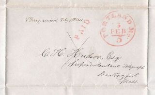 1851 Us Stampless Cover Portland Maine To Newburyport Red 5 Cent Paid No Content