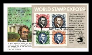 Us Cover World Stamp Expo 89 Souvenir Sheet Lincoln Fdc Gill Craft Cachet