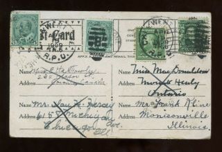 Us & Canada Mixed Franking Chain Postcard Mailed Four Times 1909 Morrisonville