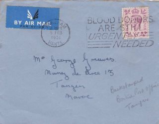 1951 Gb Kgvi 6d Rate Air Mail Cover To Tangier Morocco Bpo Tangier Mark 57