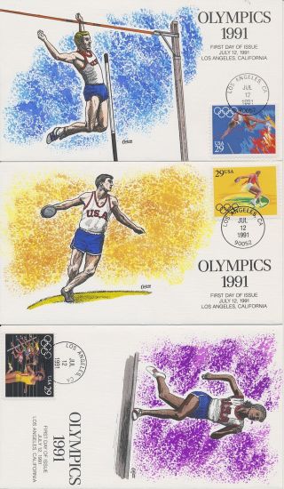 2553 - 7 1991 Olympics Set Of 5 Hand Painted Fred Collins Cachet First Day Covers