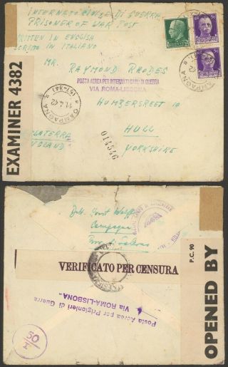 Italy Wwii 1942 - Pow Cover To Hull England - Censor 35248/9