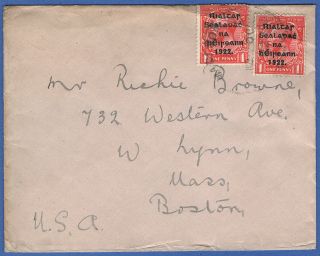 W597 - Ireland 1922 1d X 2 On Cover,  Macroom Lynn,  Mass,  Usa,  Rubber Cds